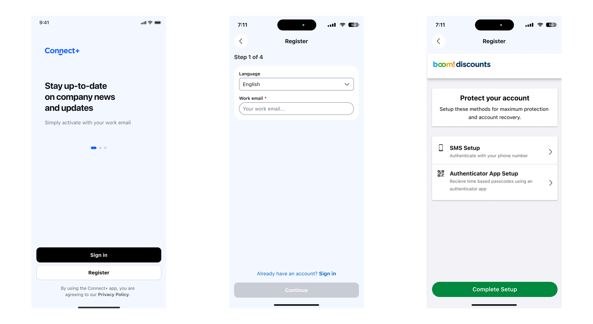 Three screens showing the progression from native app UI to registration flow to the MFA web view